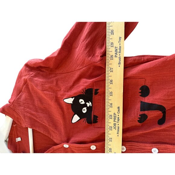 Red Cat Print Button Up Shirt Plus Size XXL Women's Casual Lightweight Blouse - Picture 10 of 10